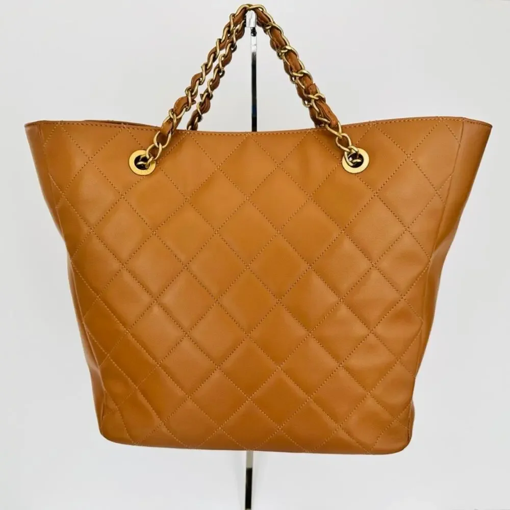 Chanel CC Chain Tote Quilted Leather Tan Brown Handle Purse Full Set & Box 2021